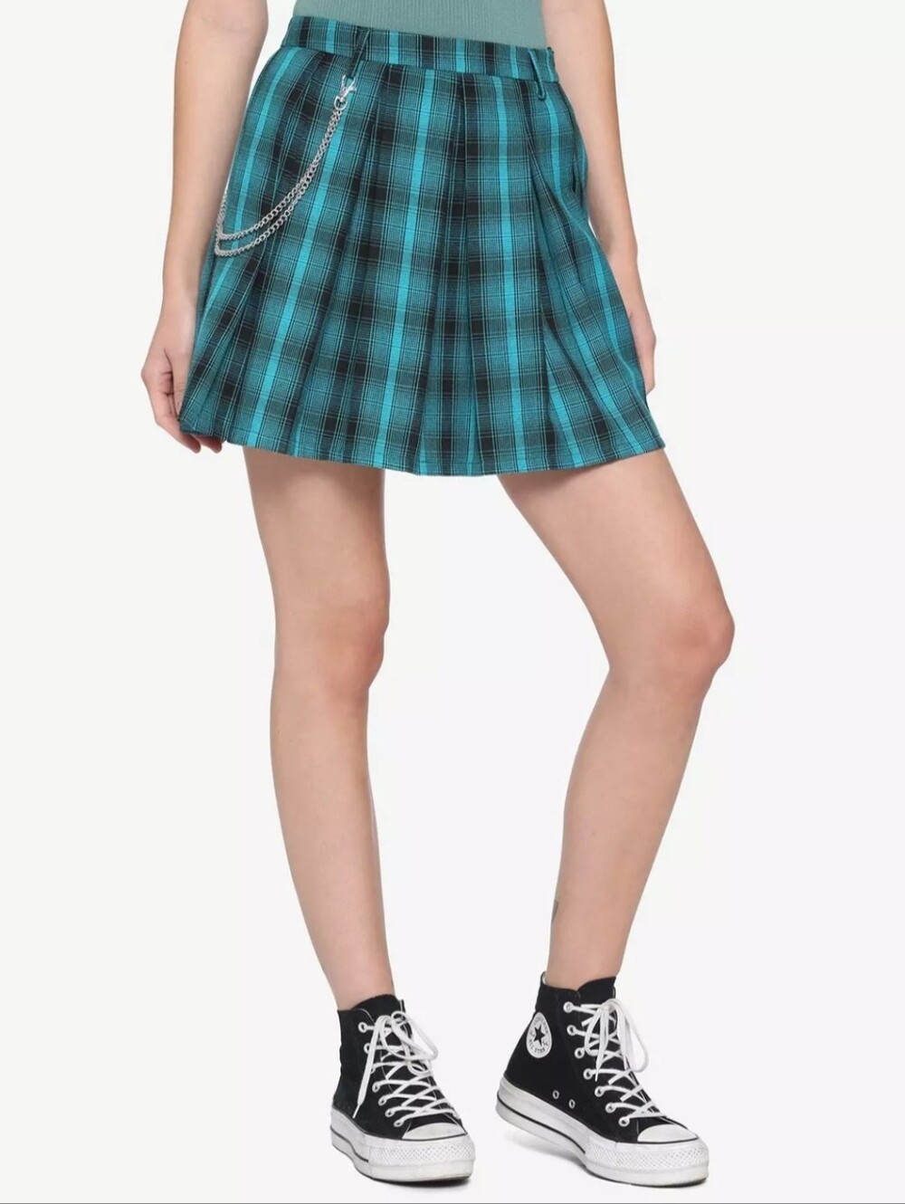 Hot Topic Teal and Black Plaid Mini Skirt with Chain Size M